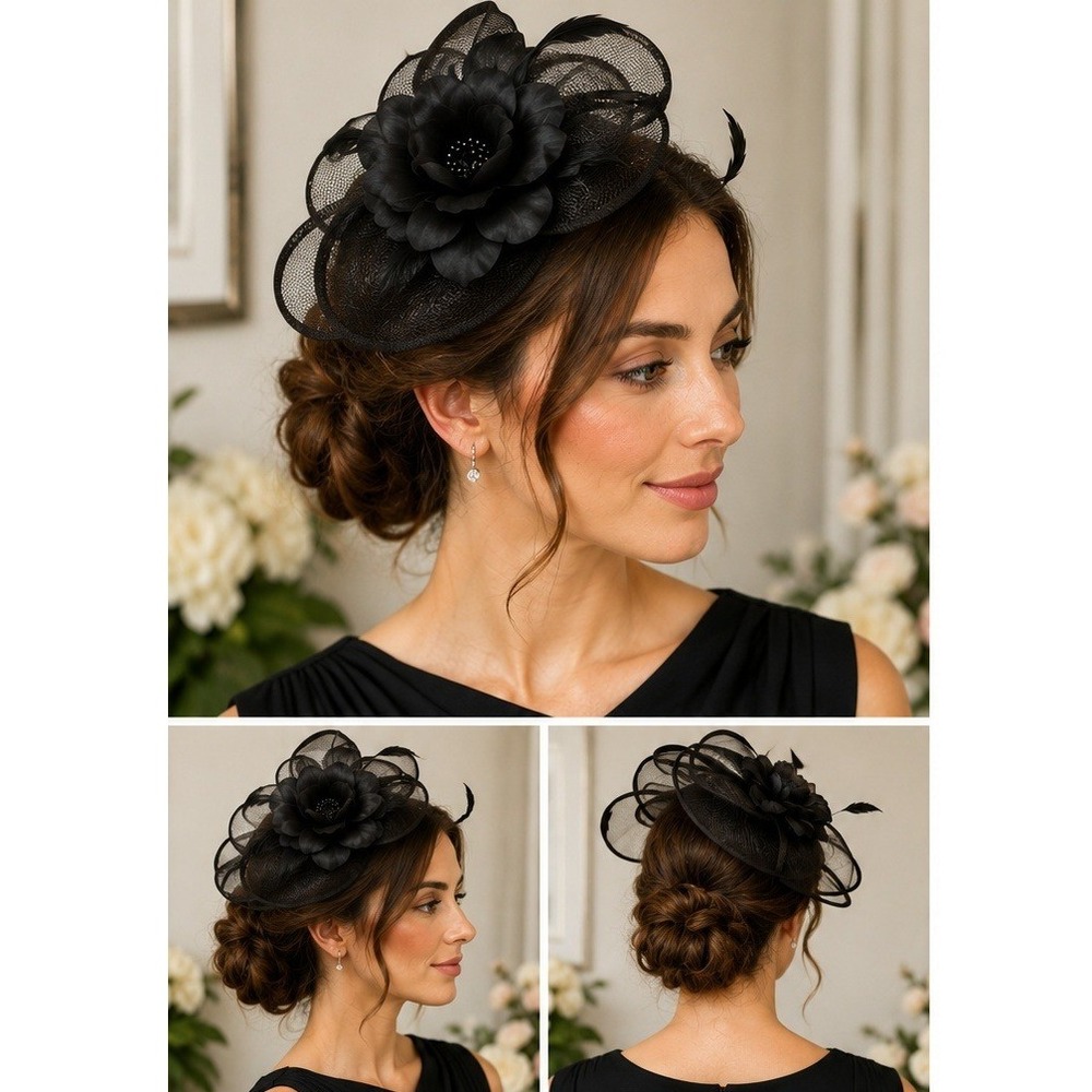 C.C Exclusives Fascinator Women OS Royal Core Black Rose Mesh Headpiece